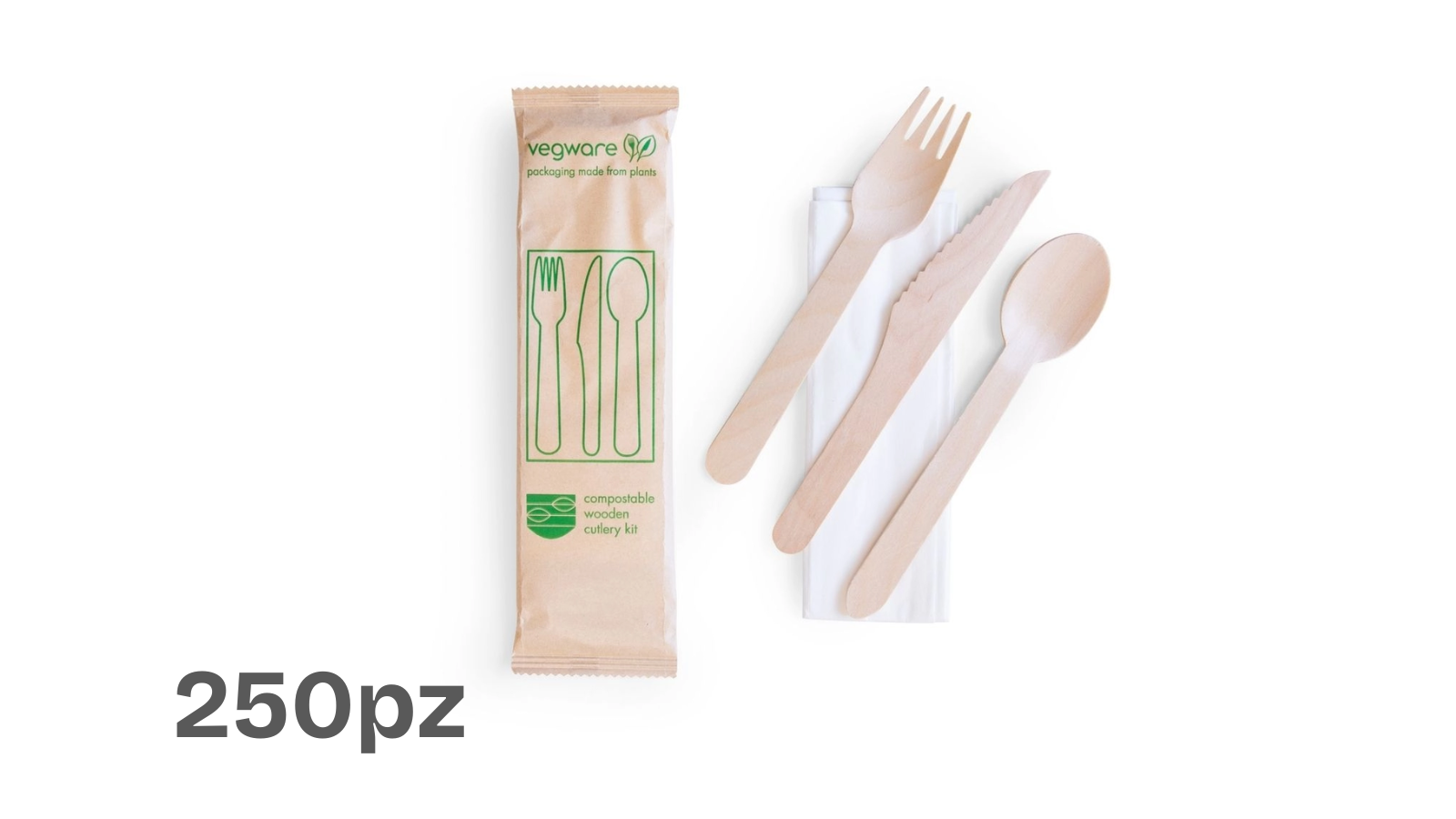Set Posate Biodegradabili in Legno Tris – Forchetta, Coltello, Cucchiaio e Tovagliolo (250pz)